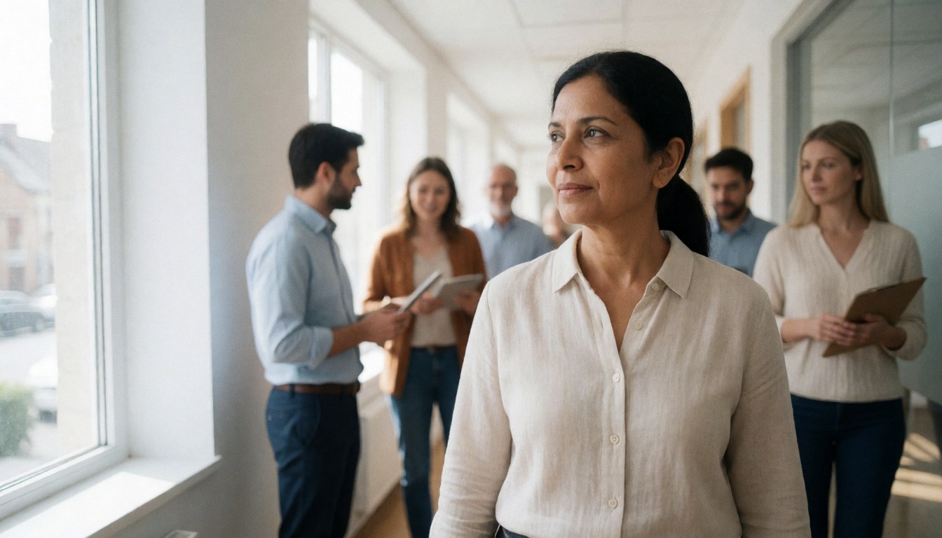 A woman walks down a sunlit office corridor with blurred colleagues in the background, creating a calm professional atmosphere.