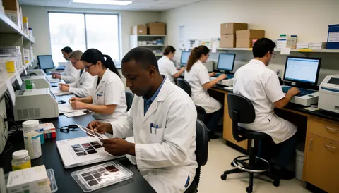 Medical professionals reviewing samples and operating analysis equipment in a clean clinical lab