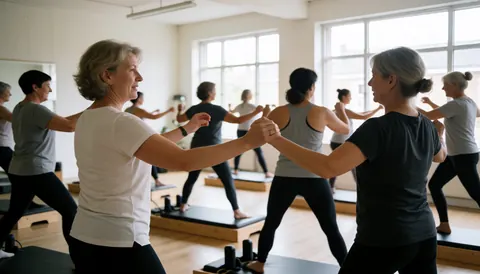 Group of women practicing pilates in studio with large windows and wooden floor.
