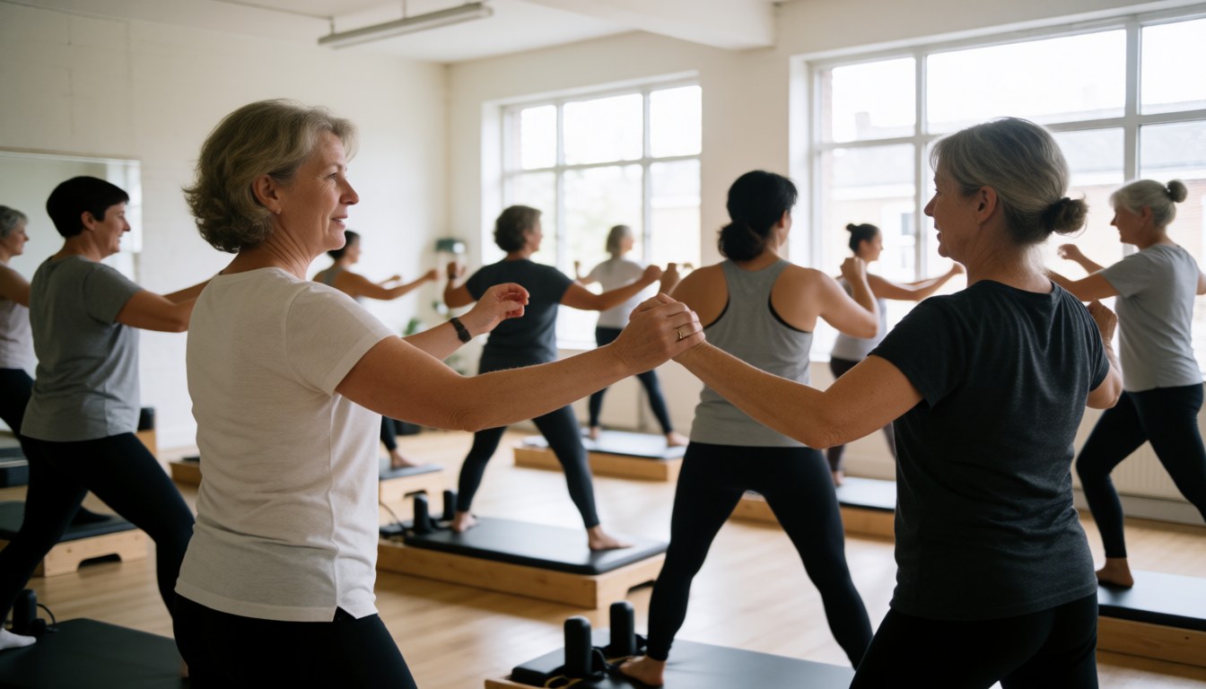 Group of women practicing pilates in studio with large windows and wooden floor.