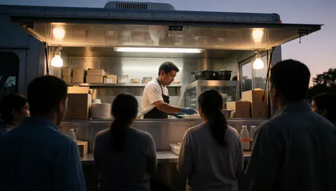A cook serves food to customers standing in line at a food truck at dusk.