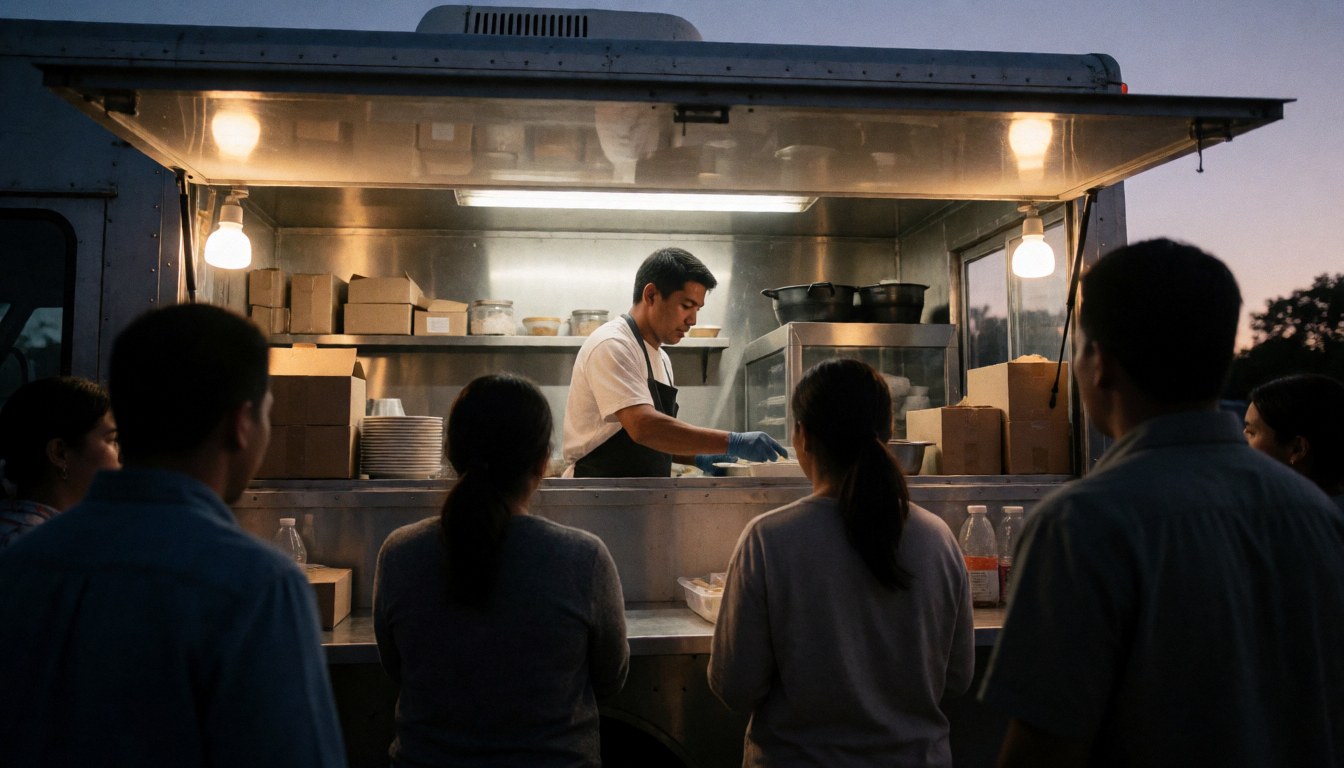 A cook serves food to customers standing in line at a food truck at dusk.