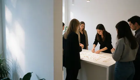 Customers examine and touch jewelry on display in a modern jewelry store with staff.