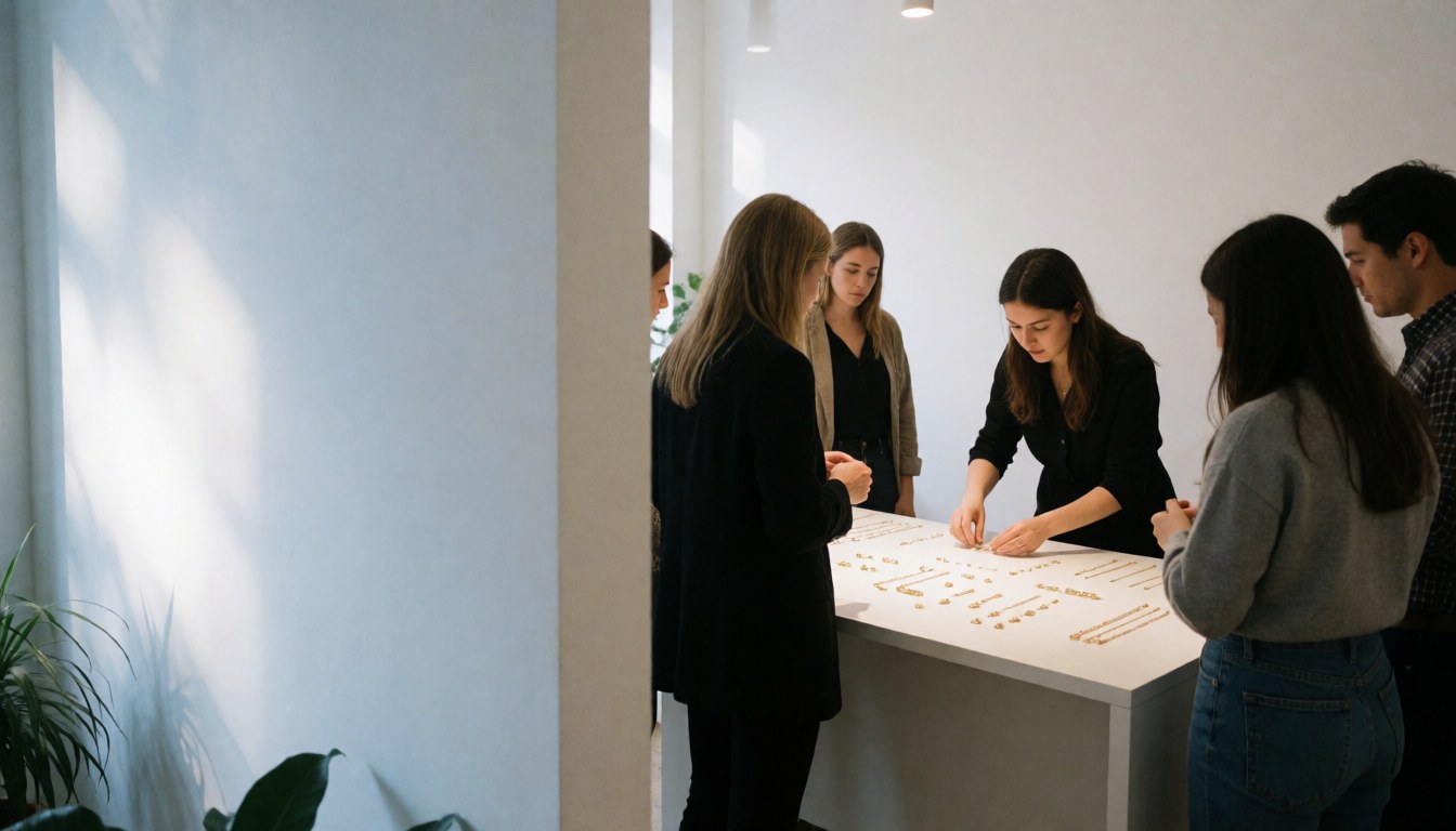 Customers examine and touch jewelry on display in a modern jewelry store with staff.