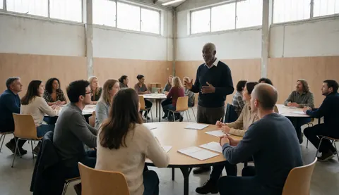 A man presents to a group seated at round tables in a training room with wood-paneled walls and tall windows.