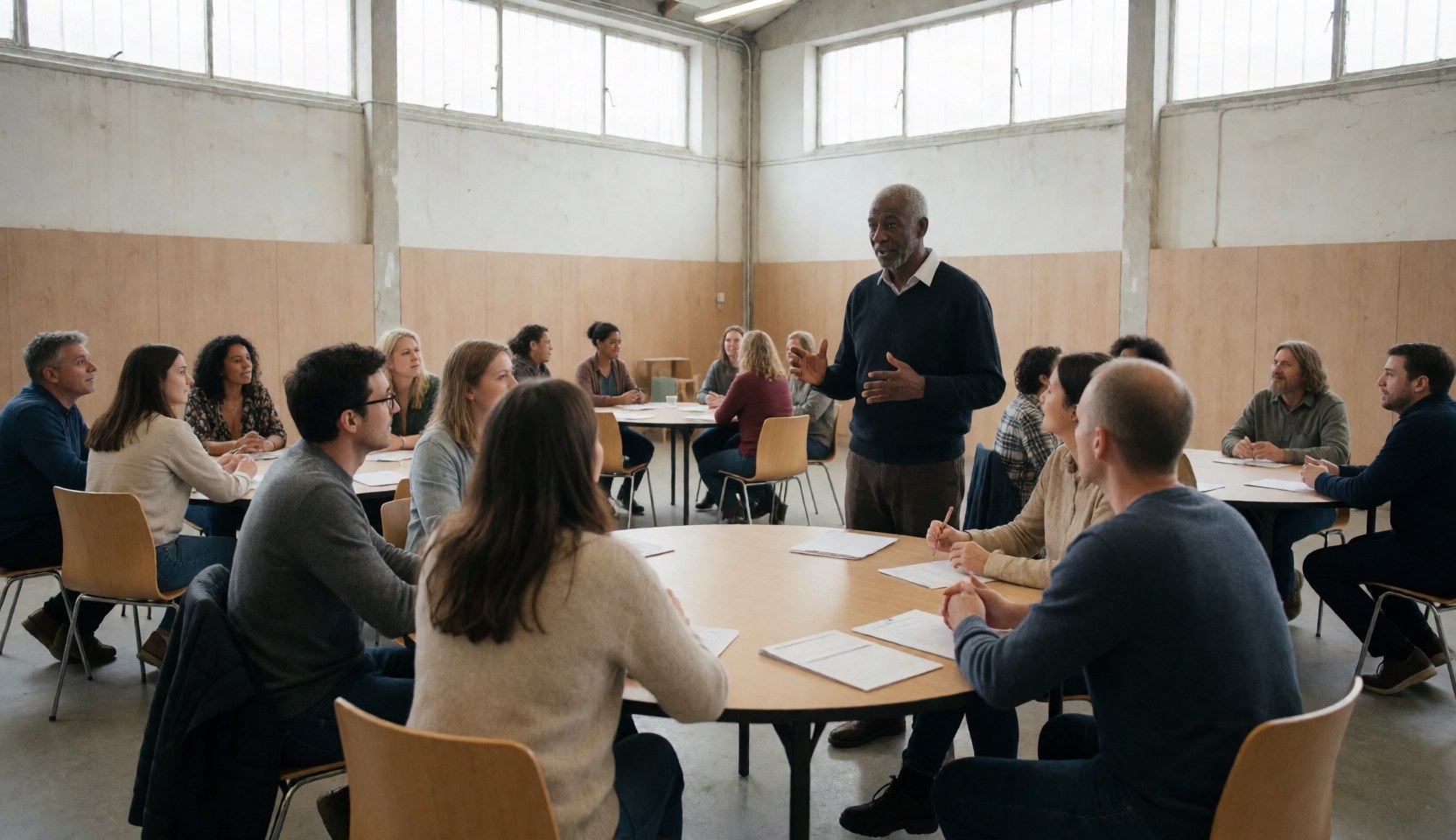 A man presents to a group seated at round tables in a training room with wood-paneled walls and tall windows.