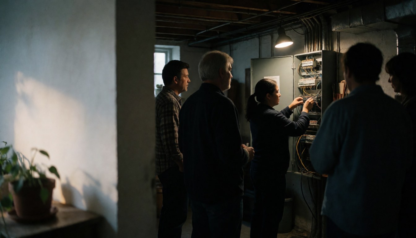 Electrician working on an electrical panel in a basement with work light and others observing