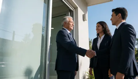 Three business professionals shaking hands in front of a modern bank entrance under a clear blue sky with copy space on the left