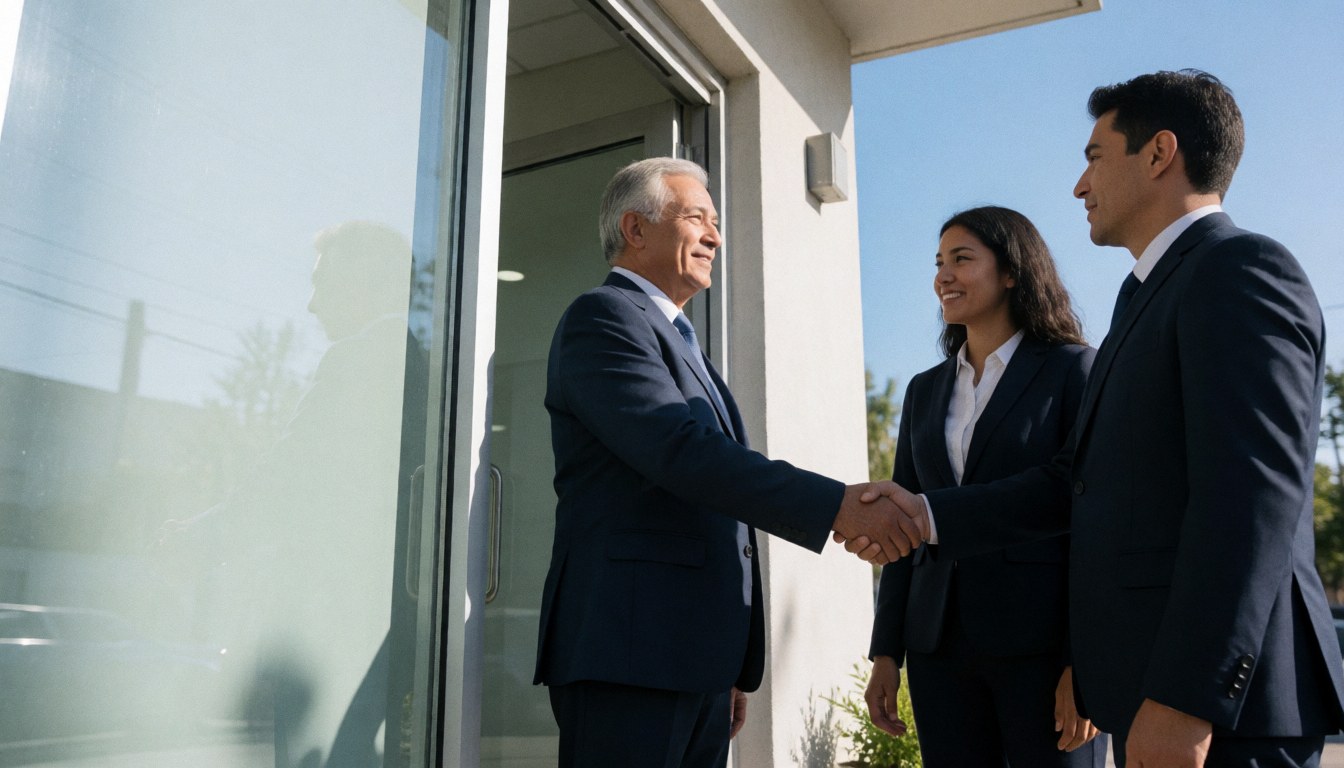 Three business professionals shaking hands in front of a modern bank entrance under a clear blue sky with copy space on the left