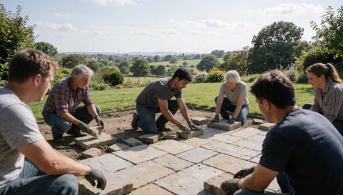 A team of workers laying stone pavers in a garden with grass and trees in the background.