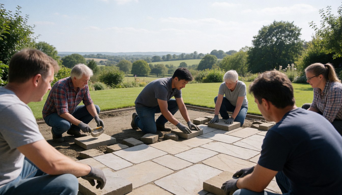 A team of workers laying stone pavers in a garden with grass and trees in the background.