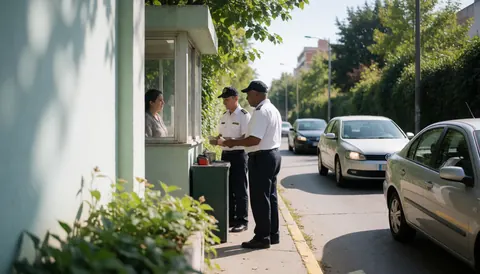 Two security guards assisting a woman at a community entrance booth with parked cars.