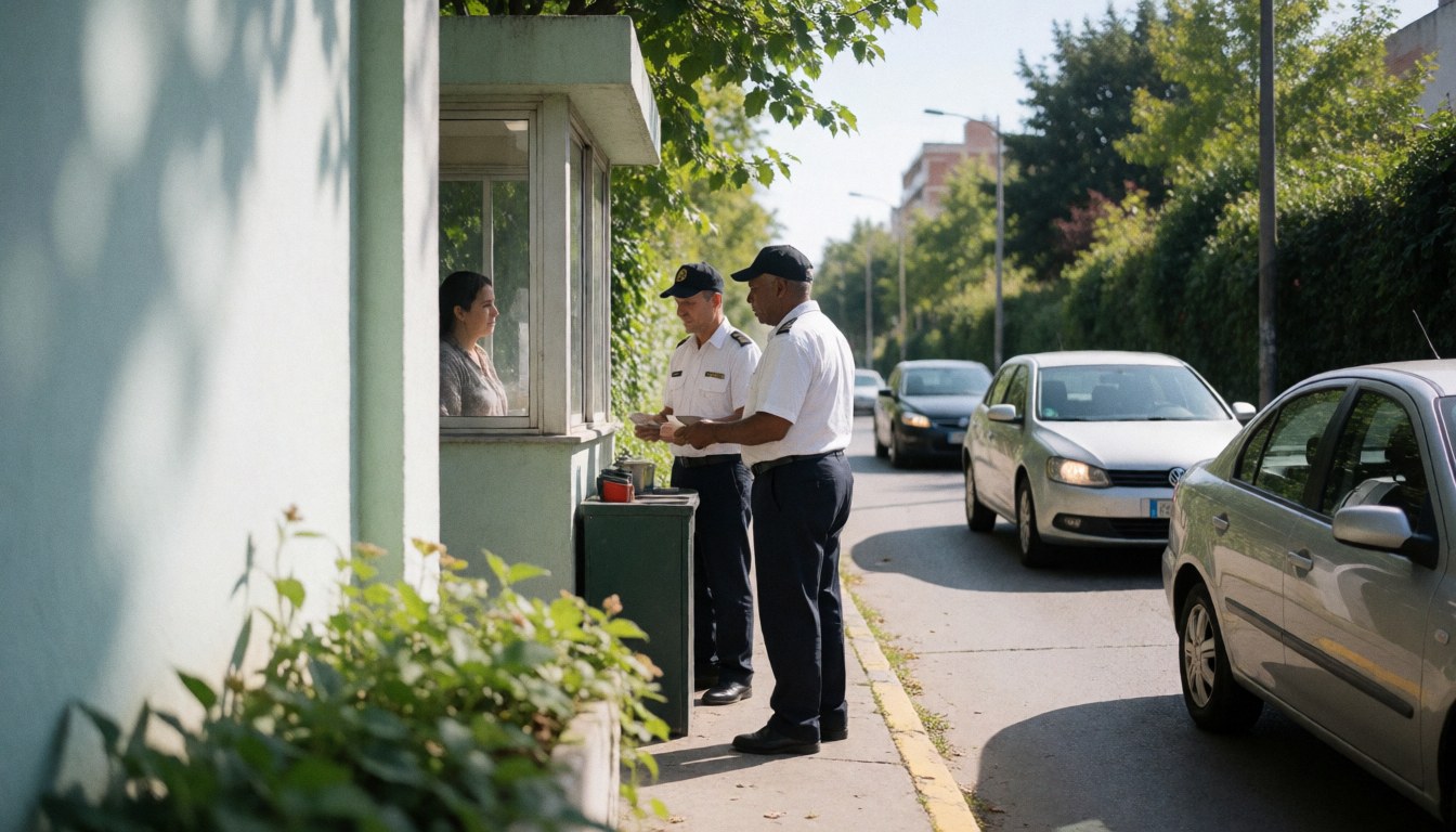 Two security guards assisting a woman at a community entrance booth with parked cars.