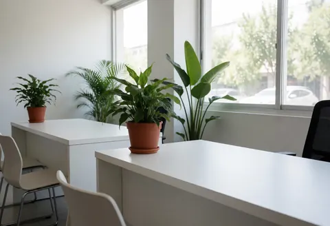 Modern reception with white tables, chairs, and green plants in terracotta pots.