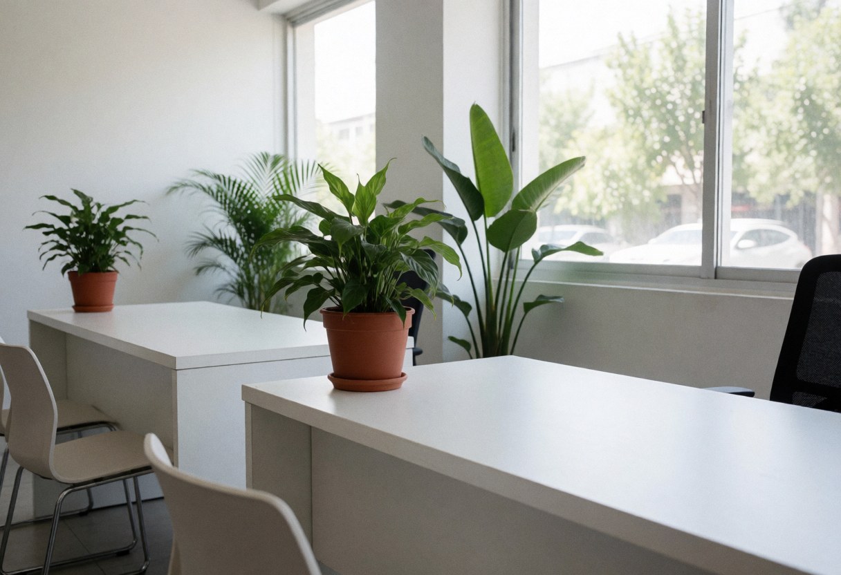 Modern reception with white tables, chairs, and green plants in terracotta pots.