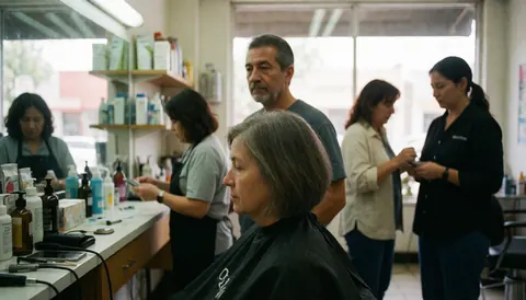 Client seated in grooming chair while stylist cuts their hair, other people working in background.