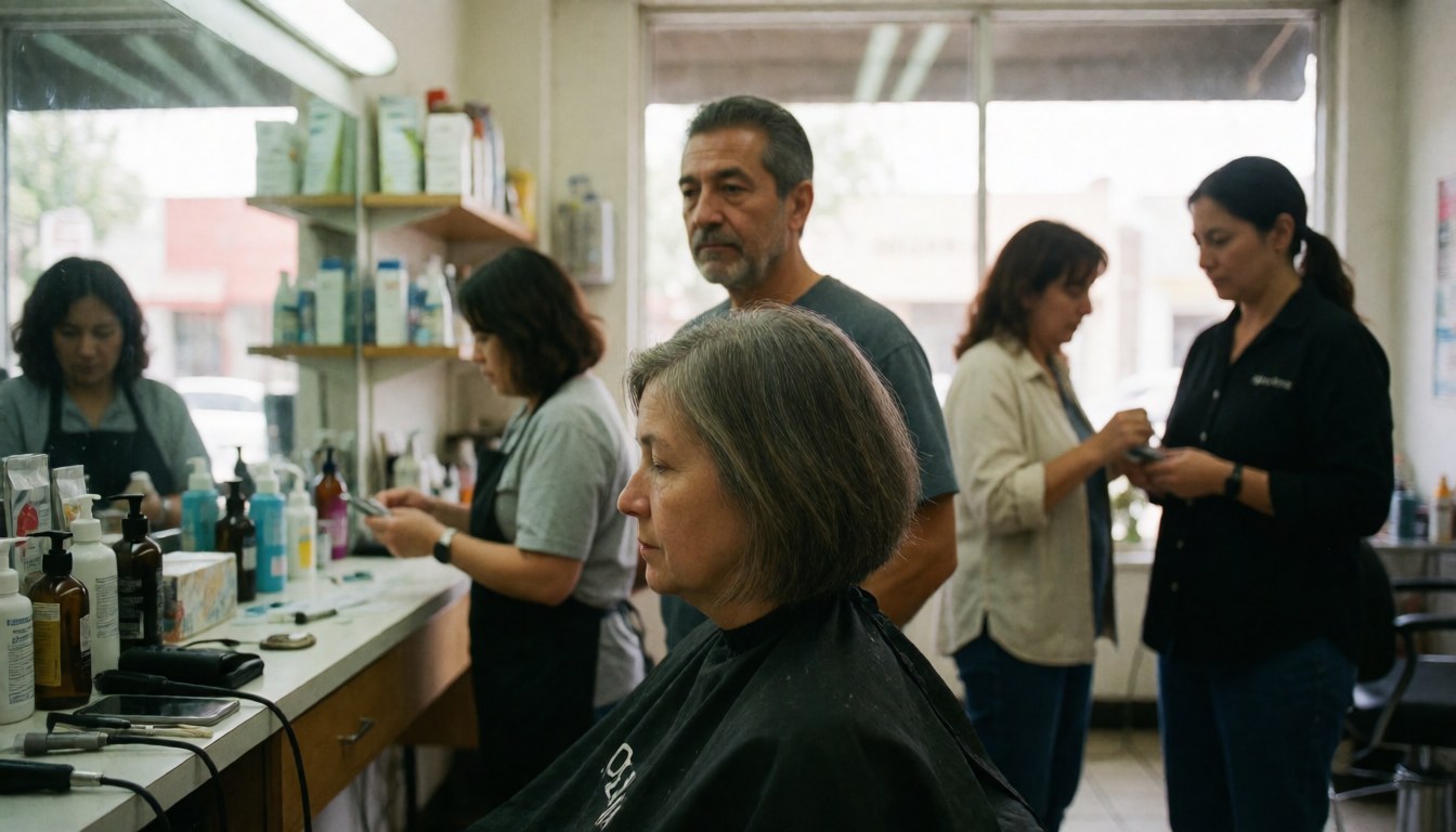 Client seated in grooming chair while stylist cuts their hair, other people working in background.