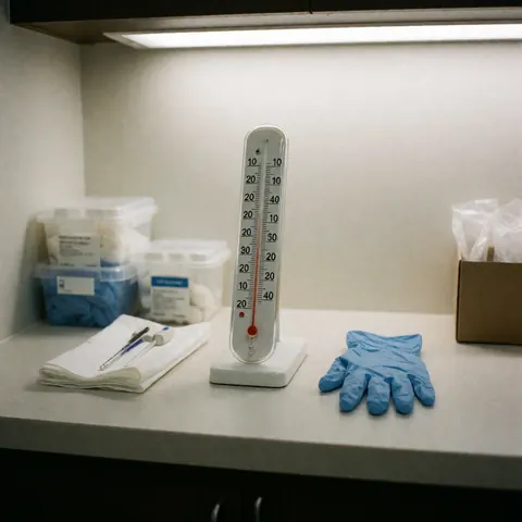 Thermometer and disposable gloves on a reception desk in a medical clinic.