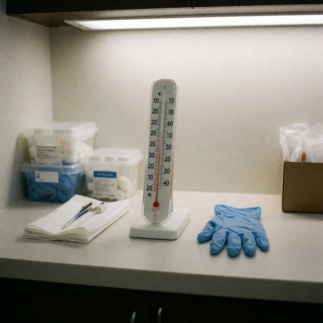 Thermometer and disposable gloves on a reception desk in a medical clinic.