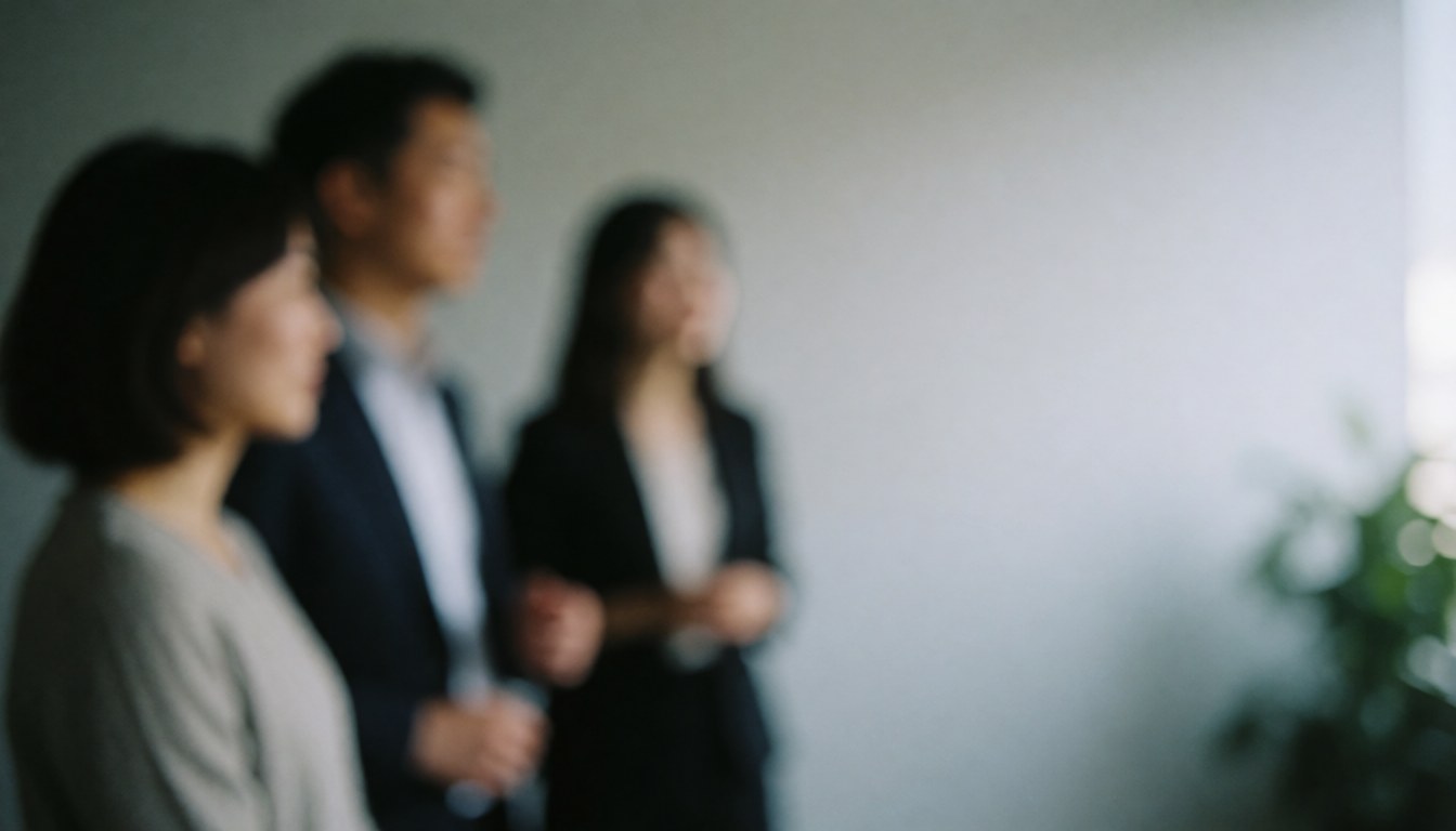 Three business people in an office meeting, standing and talking, with a blurred background.