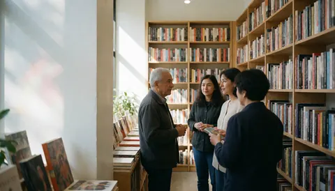 Four people chatting in a modern bookstore with bookshelves and natural light.