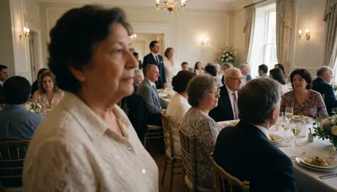 Group of adult guests seated at reception tables in an elegant hall with lights and flowers.