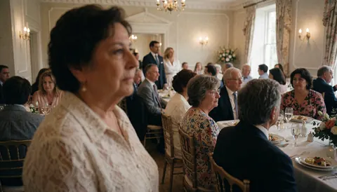 Group of adult guests seated at reception tables in an elegant hall with lights and flowers.