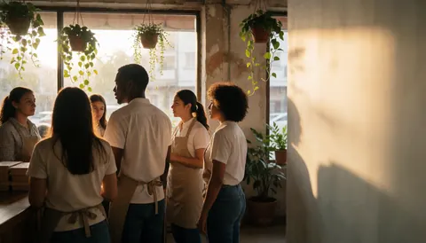 Group of young workers in a bar with sunset light, talking and serving customers.