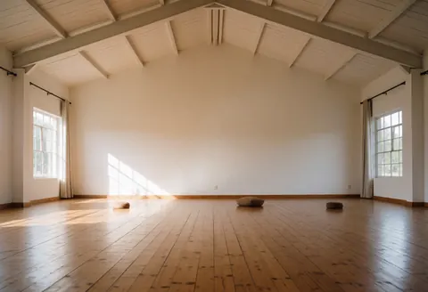 Empty yoga studio with wooden floor and sunlight streaming through windows.
