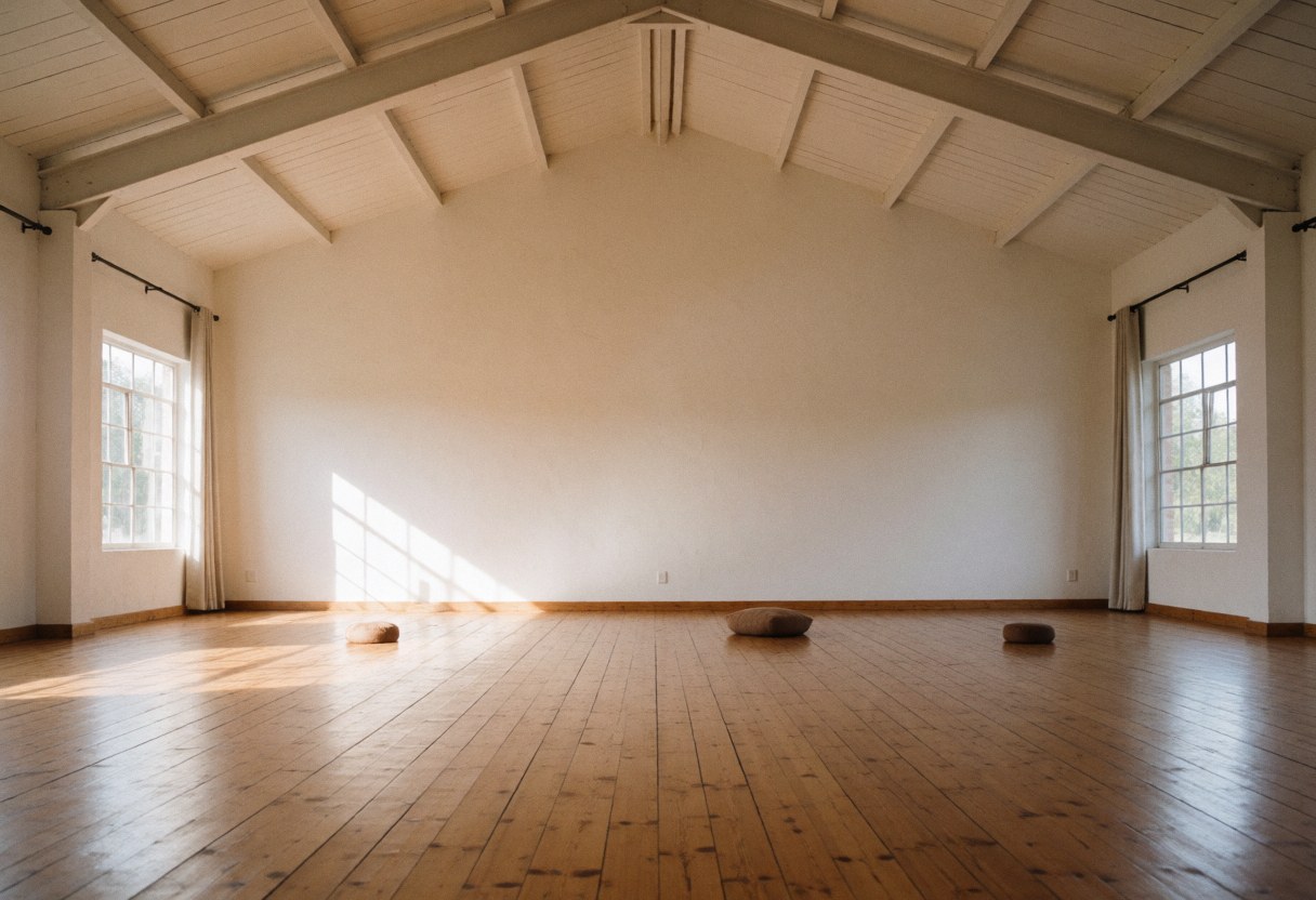 Empty yoga studio with wooden floor and sunlight streaming through windows.