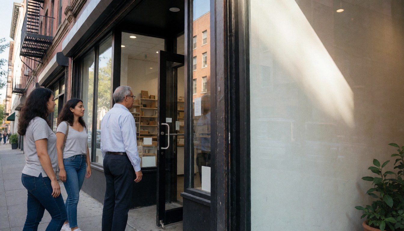 Three people walking past a store with display window and open door on an urban street.