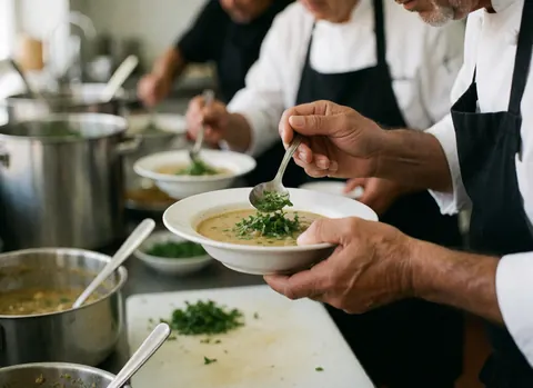 Professional chef carefully garnishing a hot soup with fresh herbs in a commercial kitchen, highlighting attention to detail in food presentation.