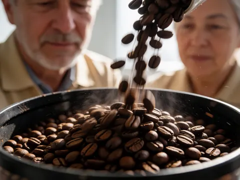 Close-up of ground coffee inside a grinder with beans falling, while people watch attentively in the background