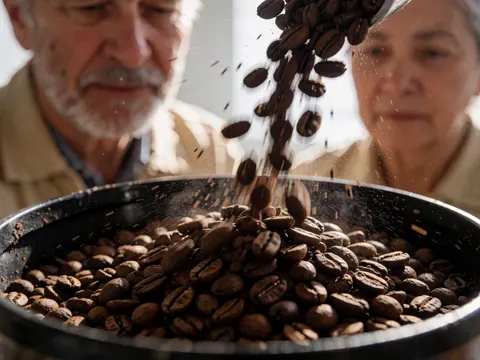 Close-up of ground coffee inside a grinder with beans falling, while people watch attentively in the background
