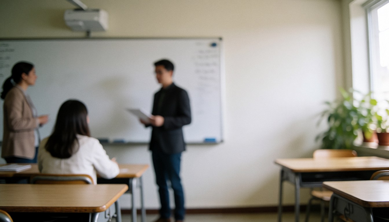 Teachers and students in a language class classroom with a whiteboard, tables, and windows, featuring a blurred background suitable for text overlay