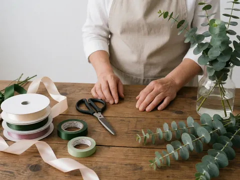 A person's hands working with eucalyptus branches, ribbon and scissors on a wooden table.
