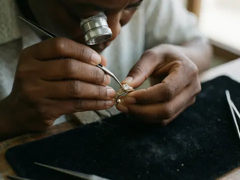 A jeweler adjusts a ring with tweezers and a magnifying glass, hands working precisely on a dark surface.