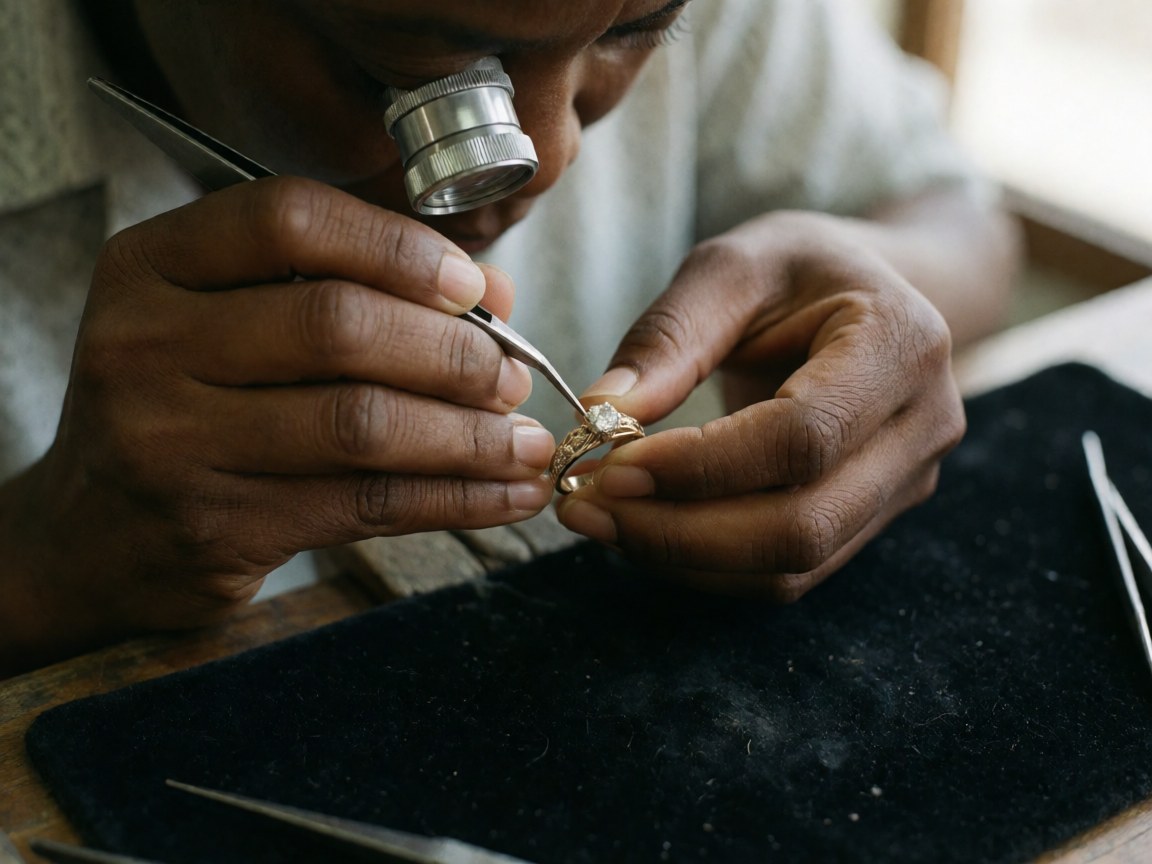 A jeweler adjusts a ring with tweezers and a magnifying glass, hands working precisely on a dark surface.
