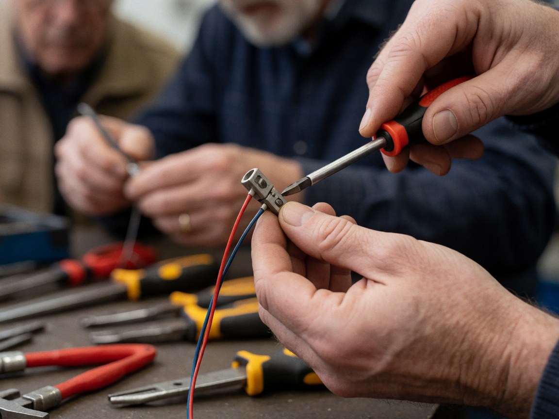Hands working with red and blue electrical wires and tools in a repair workshop.