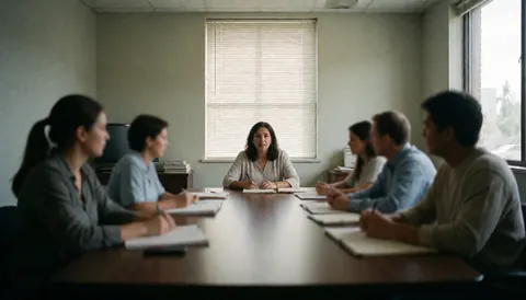 A lawyer leads a meeting in an office with several employees seated around a wooden table.