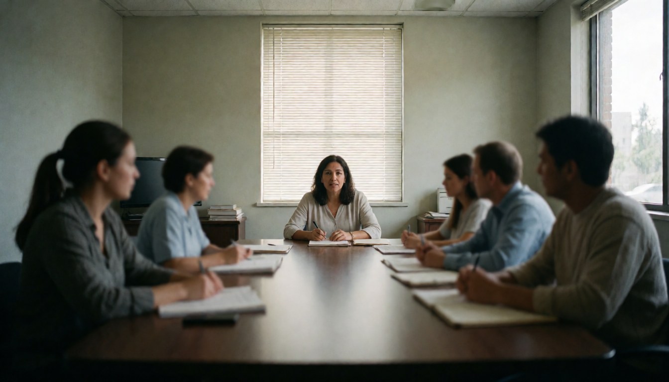 A lawyer leads a meeting in an office with several employees seated around a wooden table.