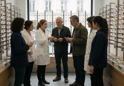 Customers and opticians in a Paris optician, choosing glasses and discussing visual options.