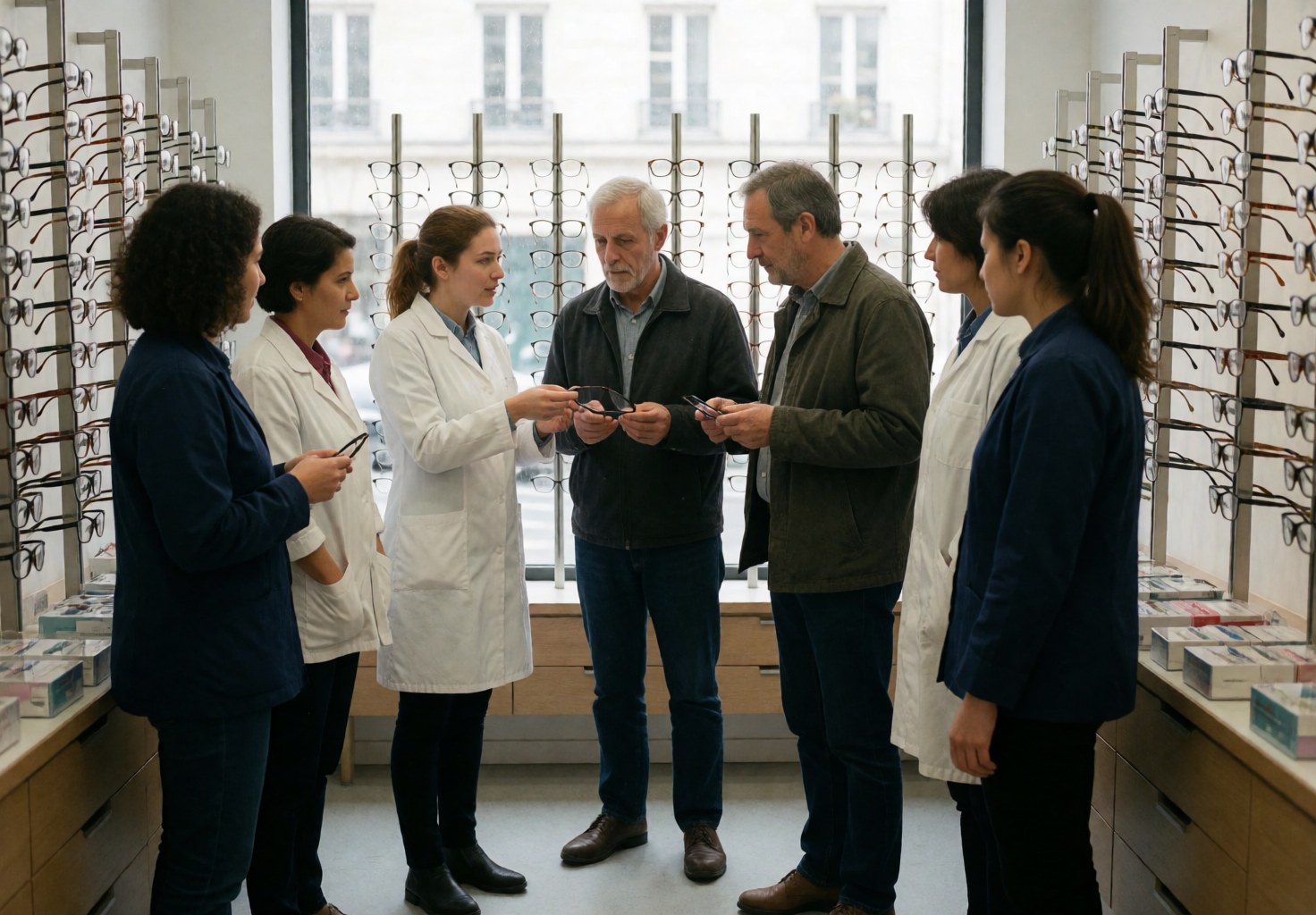 Customers and opticians in a Paris optician, choosing glasses and discussing visual options.