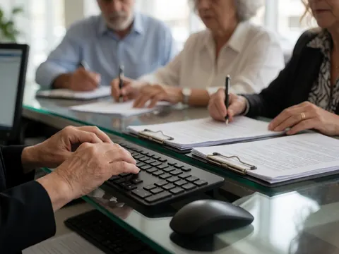 Close-up of an adult hand typing on a keyboard at a reception desk with documents and blurred colleagues in the background