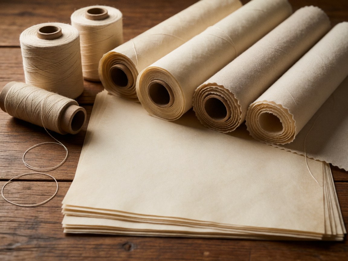 Rolled kraft paper and spools of cotton thread on a rustic wooden table.