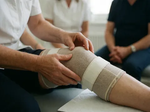 Professional hands adjusting a knee brace on a patient in a clinic with a blurred background