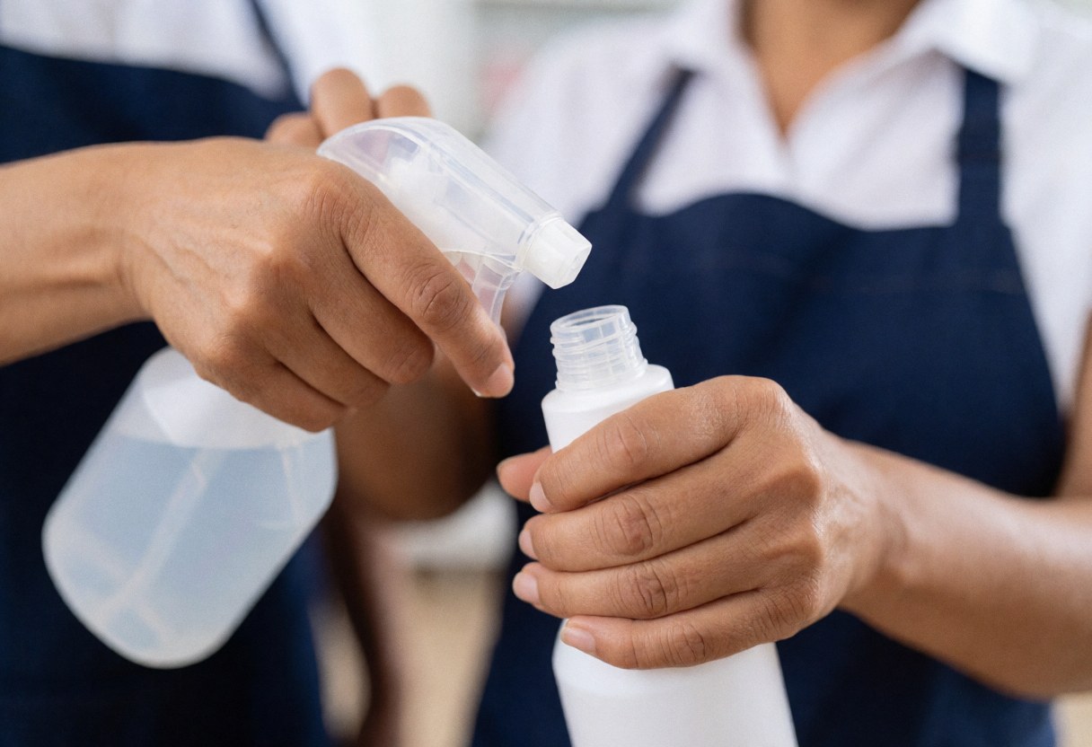 A person in a blue apron pouring cleaning liquid from a clear spray bottle into a white bottle.