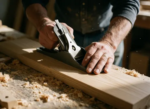 Close-up of a carpenter sanding an oak board in a workshop with sawdust and warm sunlight