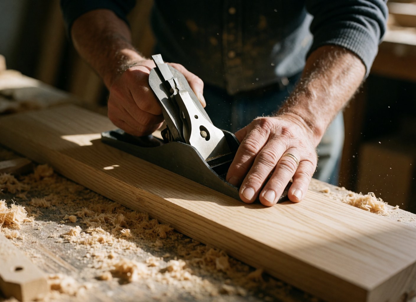Close-up of a carpenter sanding an oak board in a workshop with sawdust and warm sunlight