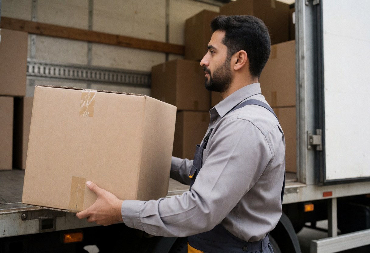 A man in a shirt and apron carries a cardboard box into the back of a moving truck.
